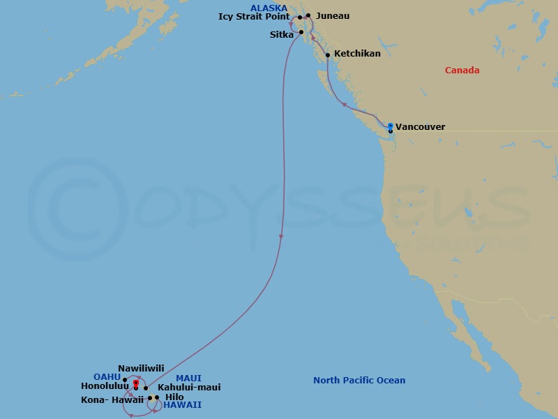 16 Night - Alaska - Vancouver - Norwegian Spirit - Starting in Vancouver, Canada, Ketchikan (Ward Cove), Ak, Juneau, Ak, Icy Strait Point, Ak, Sitka, Ak, Kahului, Maui, Hi, Nawiliwili, Kauai, Hawaii, Kona, Hi, Hilo, Hi, Honolulu, Hi itinerary map