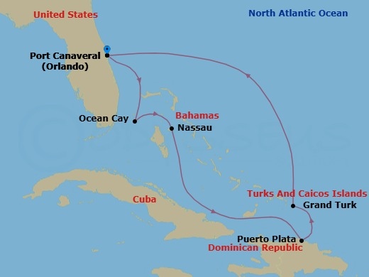 7 Night - Caribbean and Antilles - MSC Grandiosa - Starting in Port Canaveral (Orlando), Florida, Ocean Cay Msc Marine Reserve, Bahamas, Nassau, Bahamas, Puerto Plata, Dominican Republic, Grand Turk Island, Turks and Caicos, Port Canaveral (Orlando), Florida itinerary map