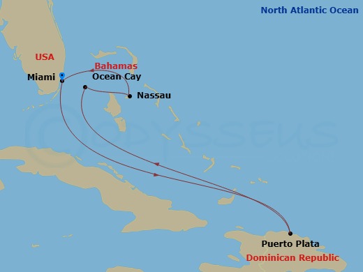 6 Night - Caribbean and Antilles - MSC Seashore - Starting in Miami, Florida, Puerto Plata, Dominican Republic, Ocean Cay Msc Marine Reserve, Bahamas, Nassau, Bahamas, Miami, Florida itinerary map