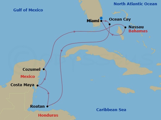 8 Night - Caribbean and Antilles - MSC World America - Starting in Miami, Florida, Ocean Cay Msc Marine Reserve, Bahamas, Isla De Roatan, Honduras, Costa Maya, Mexico, Cozumel, Mexico, Nassau, Bahamas, Miami, Florida itinerary map