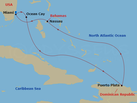 6 Night - Caribbean and Antilles - MSC Seashore - Starting in Miami, Florida, Ocean Cay Msc Marine Reserve, Bahamas, Puerto Plata, Dominican Republic, Nassau, Bahamas, Miami, Florida itinerary map