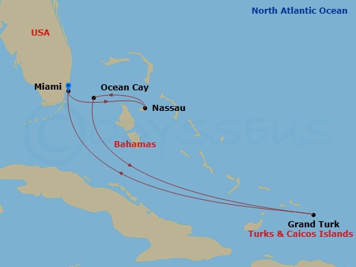 MSC Seashore - 6 Night - Caribbean and Antilles - MSC Seashore - Starting in Miami, Florida, Nassau, Bahamas, Ocean Cay Msc Marine Reserve, Bahamas, Grand Turk Island Turks.. itinerary map