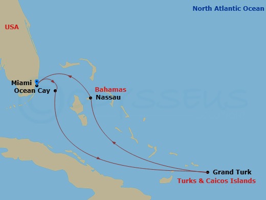 6 Night - Caribbean and Antilles - MSC Seashore - Starting in Miami, Florida, Ocean Cay Msc Marine Reserve, Bahamas, Grand Turk Island, Turks and Caicos, Nassau, Bahamas, Miami, Florida itinerary map