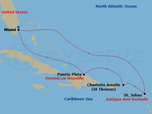 7 Night - Caribbean and Antilles - MSC Seashore - Starting in Miami, Florida, St Johns AG, Antigua, Charlotte Amalie (St Thomas) Virgin Islands, Puerto Plata, Dominican Republic, Miami, Florida itinerary map