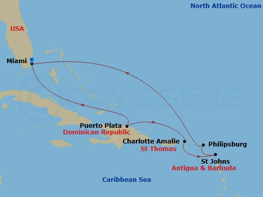 8 Night - Caribbean and Antilles - MSC Seashore - Starting in Miami, Florida, Puerto Plata, Dominican Republic, Charlotte Amalie (St Thomas) Virgin Islands, St Johns AG, Antigua, Philipsburg, St Maarten, Miami, Florida itinerary map