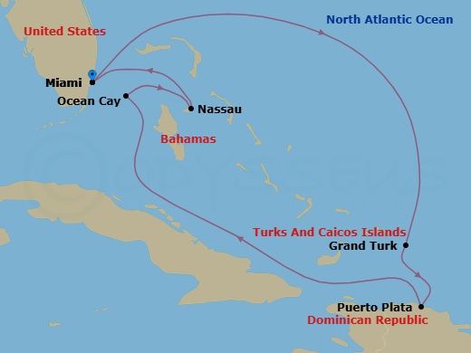 7 Night - Caribbean and Antilles - MSC Seashore - Starting in Miami, Florida, Grand Turk Island, Turks and Caicos, Puerto Plata, Dominican Republic, Ocean Cay Msc Marine Reserve, Bahamas, Nassau, Bahamas, Miami, Florida itinerary map