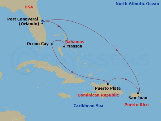 8 Night - Caribbean and Antilles - MSC Grandiosa - Starting in Port Canaveral (Orlando), Florida, Nassau, Bahamas, Ocean Cay Msc Marine Reserve, Bahamas, Puerto Plata, Dominican Republic, San Juan, Puerto Rico, Port Canaveral (Orlando), Florida itinerary map