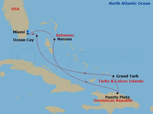 7 Night - Caribbean and Antilles - MSC Seashore - Starting in Miami, Florida, Ocean Cay Msc Marine Reserve, Bahamas, Grand Turk Island, Turks and Caicos, Puerto Plata, Dominican Republic, Nassau, Bahamas, Miami, Florida itinerary map