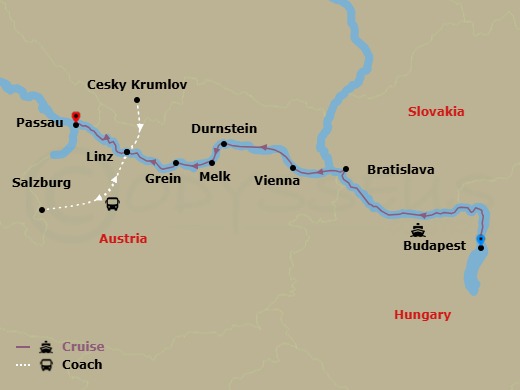 7 Night - Christmas Markets On the Danube - National Geographic Evolve - Starting in Budapest, Hungary / Embark Ship, Budapest, Bratislava, Slovak Republic, Vienna, Austria, Durnstein / Melk Abby, Grein / Linz, Linz / Salzburg / Cesky Krumlov, Czech Republic, Passau, Germany / Disembark Ship itinerary map