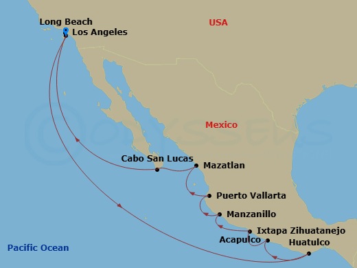 14 Night - Journeys - Mexican Riviera - Carnival Legend - Starting in Long Beach (Los Angeles), Ca, Huatulco, Mexico, Acapulco, Mexico, Zihuatanejo (Ixtapa), Mexico, Manzanillo, Mexico, Puerto Vallarta, Mexico, Mazatlan, Mexico, Cabo San Lucas, Mexico, Long Beach (Los Angeles), Ca itinerary map