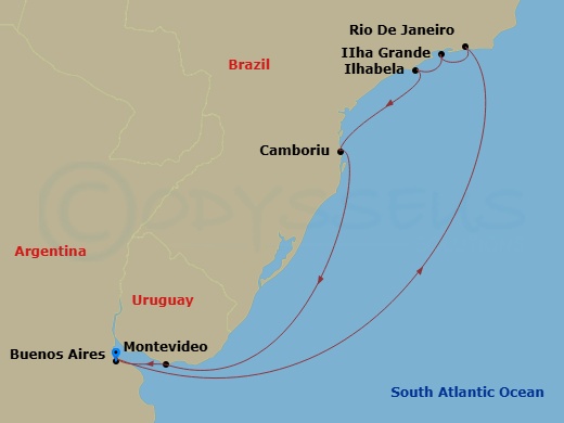 MSC Splendida - 9 Night - South America - MSC Splendida - Starting in Buenos Aires, Argentina, Rio De Janeiro, Brazil, Ilha Grande, Brazil, Ilhabela, Brazil, Camboriu, Brazil.. itinerary map