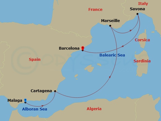 Costa Diadema - 6 Night - Western Mediterranean from Malaga - Costa Diadema - Starting in Malaga, Spain, Cartagena ES, Spain, Marseille, France, Savona, Italy, Barcelona, Spain itinerary map