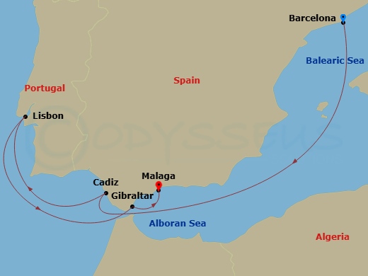 Costa Diadema - 6 Night - Western Mediterranean from Barcelona - Costa Diadema - Starting in Barcelona, Spain, Cadiz, Spain, Lisbon, Portugal, Gibraltar (UK), Malaga, Spain itinerary map