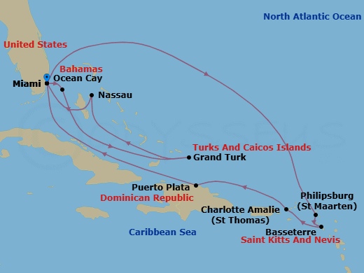 14 Night - Caribbean and Antilles - MSC Seashore - Starting in Miami, Florida, Ocean Cay Msc Marine Reserve, Bahamas, Grand Turk Island, Turks and Caicos, Nassau, Bahamas, Miami, Florida, Philipsburg, St Maarten, Basseterre, St Kitts and Nevis, Charlotte Amalie (St Thomas) Virgin Islands, Puerto Plata, Dominican Republic, Miami, Florida itinerary map