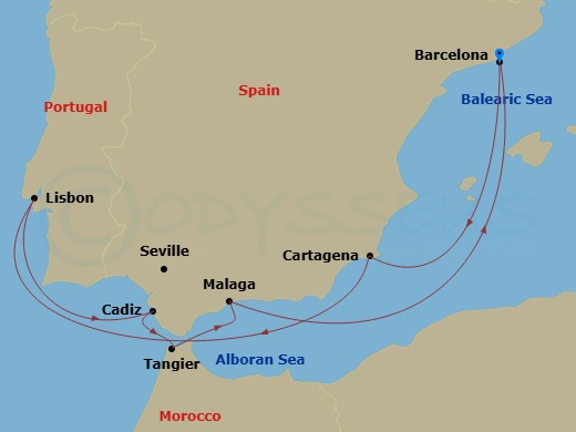 8 Night - Spain, Portugal & Morocco - Celebrity Equinox - Starting in Barcelona, Spain, Cartagena ES, Lisbon, Portugal, Seville (Cadiz), Spain, Tangier, Morocco, Malaga, Spain, Barcelona, Spain itinerary map