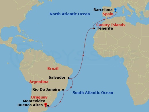 16 Night - Spain to Argentina Transatlantic - Celebrity Equinox - Starting in Barcelona, Spain, Tenerife, Canary Islands, Salvador De Bahia, Brazil, Rio De Janeiro, Brazil, Montevideo, Uruguay, Buenos Aires, Argentina itinerary map