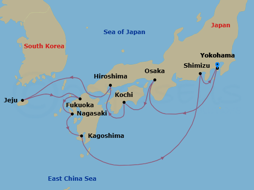 13 Night - Best of Japan Cruise - Celebrity Millennium - Starting in Tokyo (Yokohama), Japan, Kyoto (Osaka), Japan, Kochi, Japan, Hiroshima, Japan, Jeju Island, South Korea, Fukuoka, Japan, Nagasaki, Japan, Kagoshima, Japan, Mount Fuji (Shimizu), Japan, Tokyo (Yokohama), Japan itinerary map