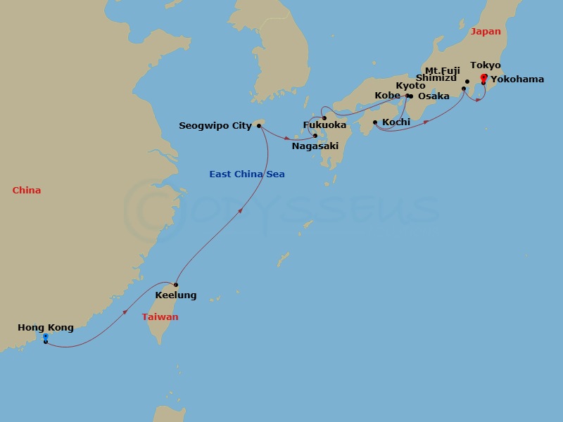 13 Night - Japan, South Korea & Taiwan - Celebrity Solstice - Starting in Hong Kong, China, Taipei (Keelung), Taiwan, China, Jeju (Seogwipo), South Korea, Nagasaki, Japan, Fukuoka, Japan, Kyoto (Osaka), Japan, Kobe, Japan, Kochi, Japan, Mount Fuji (Shimizu), Japan, Tokyo (Yokohama), Japan itinerary map