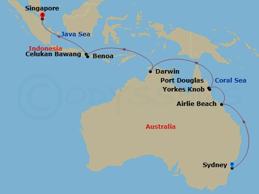 15 Night - Australia Cruise - Celebrity Solstice - Starting in Sydney AU, Airlie Beach, Australia, Cairns (Yorkeys Knob), Australia, Port Douglas, Australia, Darwin, Australia, Benoa, Bali, Indonesia, Celukan Bawang, Indonesia, Singapore itinerary map