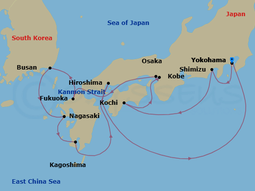 13 Night - Best of Japan Cruise - Celebrity Millennium - Starting in Tokyo (Yokohama), Japan, Mount Fuji (Shimizu), Japan, Kochi, Japan, Kyoto (Osaka), Japan, Kobe, Japan, Fukuoka, Japan, Busan, South Korea, Nagasaki, Japan, Kagoshima, Japan, Hiroshima, Japan, Tokyo (Yokohama), Japan itinerary map