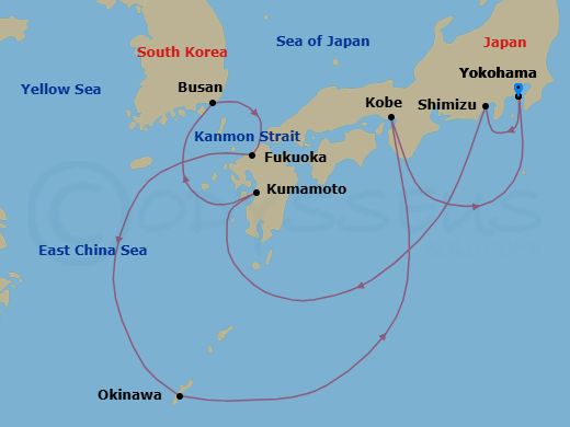 12 Night - Best of Japan Cruise - Celebrity Solstice - Starting in Tokyo (Yokohama), Japan, Mount Fuji (Shimizu), Japan, Kumamoto (Yatsushiro), Japan, Busan, South Korea, Fukuoka, Japan, Okinawa, Japan, Kobe, Japan, Tokyo (Yokohama), Japan itinerary map