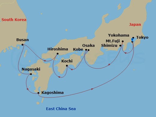 12 Night - Best of Japan Cruise - Celebrity Millennium - Starting in Tokyo (Yokohama), Japan, Mount Fuji (Shimizu), Japan, Kobe, Japan, Kyoto (Osaka), Japan, Kochi, Japan, Hiroshima, Japan, Busan, South Korea, Nagasaki, Japan, Kagoshima, Japan, Tokyo (Yokohama), Japan itinerary map