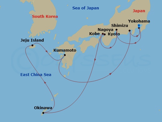 12 Night - Best of Japan Cruise - Celebrity Solstice - Starting in Tokyo (Yokohama), Japan, Nagoya, Japan, Kobe, Japan, Kyoto (Osaka), Japan, Okinawa, Japan, Jeju (Seogwipo), South Korea, Kumamoto (Yatsushiro), Japan, Mount Fuji (Shimizu), Japan, Tokyo (Yokohama), Japan itinerary map
