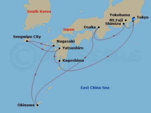13 Night - Best of Japan Cruise - Celebrity Solstice - Starting in Tokyo (Yokohama), Japan, Kagoshima, Japan, Kumamoto (Yatsushiro), Japan, Jeju (Seogwipo), South Korea, Nagasaki, Japan, Okinawa, Japan, Kyoto (Osaka), Japan, Mount Fuji (Shimizu), Japan, Tokyo (Yokohama), Japan itinerary map