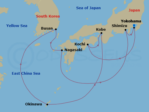 12 Night - Best of Japan Cruise - Celebrity Solstice - Starting in Tokyo (Yokohama), Japan, Kochi, Japan, Kobe, Japan, Okinawa, Japan, Busan, South Korea, Nagasaki, Japan, Mount Fuji (Shimizu), Japan, Tokyo (Yokohama), Japan itinerary map