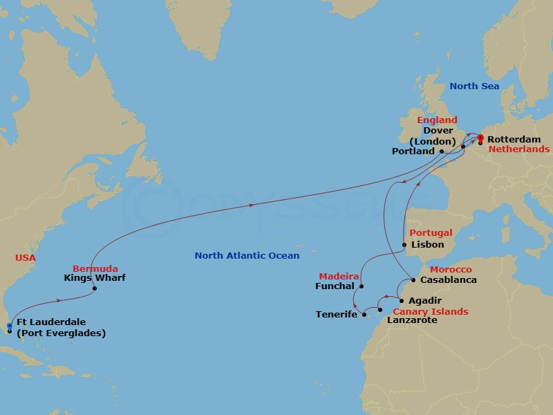 HAL Nieuw Statendam - 27 Night - Canary Island Crossing with Morocco & Madeira - HAL Nieuw Statendam - Starting in Fort Lauderdale, Florida, Kings Wharf, Bermuda, Portland UK (Weym.. itinerary map