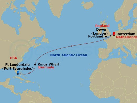 HAL Nieuw Statendam - 13 Night - Cultural Crossing with Bermuda & London - HAL Nieuw Statendam - Starting in Fort Lauderdale, Florida, Kings Wharf, Bermuda, Portland UK (Weymouth),.. itinerary map
