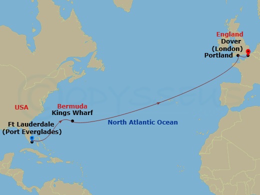 HAL Nieuw Statendam - 12 Night - Cultural Crossing with Bermuda & London - HAL Nieuw Statendam - Starting in Fort Lauderdale, Florida, Kings Wharf, Bermuda, Portland UK (Weymouth),.. itinerary map
