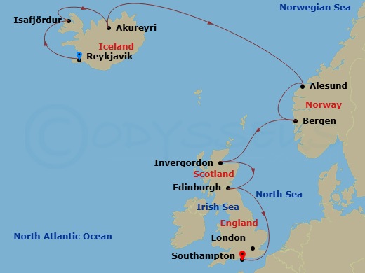 13 Night - Reykjavik, Golden Circle, Sky Lagoon & Iava Tunnel Pre Cruisetour Package - Norwegian Star Tours - Starting in At Hotel, Reykjavik, Iceland, Isafjordur, Iceland, Akureyri, Iceland, Alesund, Norway, Bergen, Norway, Invergordon (Inverness), United Kingdom, Edinburgh (Newhaven), Scotland, United Kingdom, London (Southampton), United Kingdom itinerary map