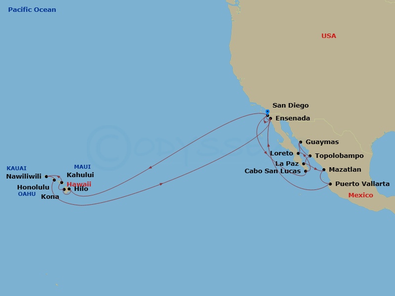 HAL Zaandam - 30 Night - Circle Hawaii & Sea of Cortez - HAL Zaandam - Starting in San Diego, California, Hilo, Hawaii, Kona, Hawaii, Kahului, Maui, Nawiliwili, Kauai, Hawa.. itinerary map