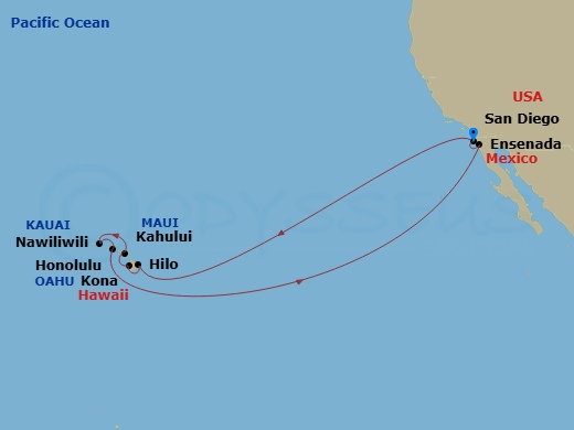 HAL Zaandam - 18 Night - Circle Hawaii Holiday - HAL Zaandam - Starting in San Diego, California, Hilo, Hawaii, Kona, Hawaii, Kahului, Maui, Nawiliwili, Kauai, Hawaii, Hono.. itinerary map