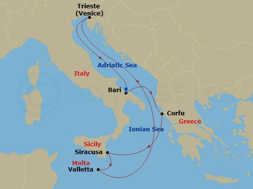 Costa Deliziosa - 6 Night - Eastern Mediterranean from Bari - Costa Deliziosa - Starting in Bari, Italy, Corfu, Greece, Siracusa, Italy, La Valletta, Malta, Trieste, Italy, Bar.. itinerary map