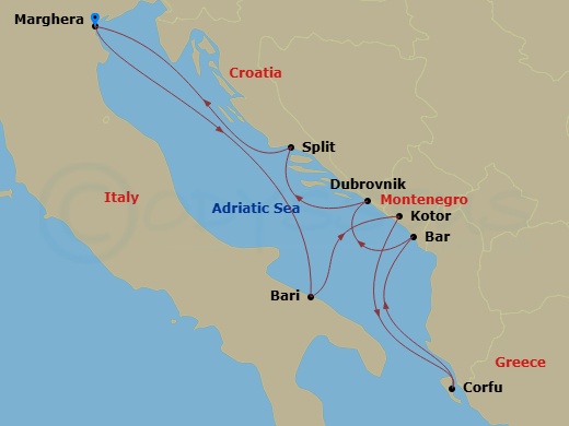 Costa Deliziosa - 7 Night - Eastern Mediterranean from Marghera - Costa Deliziosa - Starting in Venice (Marghera), Bari, Italy, Kotor, Montenegro, Corfu, Greece, Montenegro, Du.. itinerary map