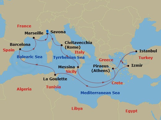 Costa Fortuna - 14 Night - Western Mediterranean from Savona - Costa Fortuna - Starting in Savona, Italy, Civitavecchia / Rome, Italy, Messina (Sicily), Izmir, Turkey, Istanb.. itinerary map