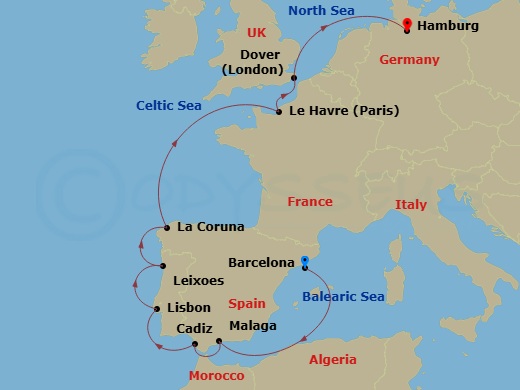 Costa Favolosa - 11 Night - Transatlantic from Barcelona - Costa Favolosa - Starting in Barcelona, Spain, Malaga, Spain, Cadiz, Spain, Lisbon, Portugal, Leixoes, Portugal, La.. itinerary map