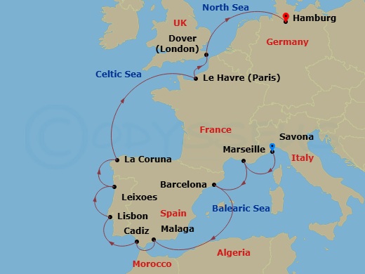 Costa Favolosa - 13 Night - Transatlantic from Savona - Costa Favolosa - Starting in Savona, Italy, Marseille, France, Barcelona, Spain, Malaga, Spain, Cadiz, Spain, Lisbon, P.. itinerary map