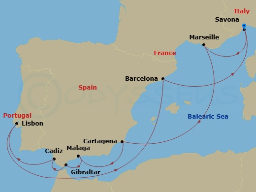 Costa Favolosa - 11 Night - Western Mediterranean from Savona - Costa Favolosa - Starting in Savona, Italy, Marseille, France, Cartagena ES, Spain, Malaga, Spain, Gibraltar (U.. itinerary map