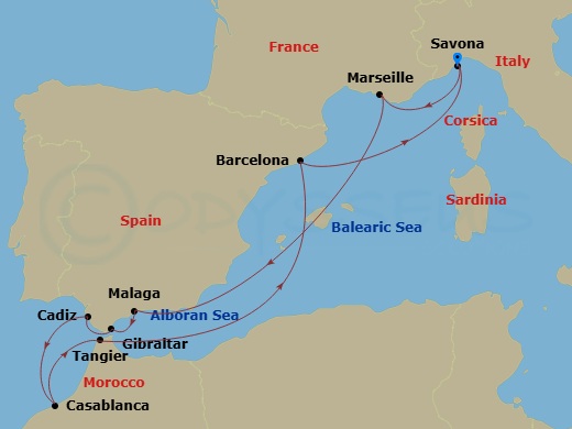 Costa Favolosa - 10 Night - Western Mediterranean from Savona - Costa Favolosa - Starting in Savona, Italy, Marseille, France, Malaga, Spain, Gibraltar (UK), Cadiz, Spain, Cas.. itinerary map