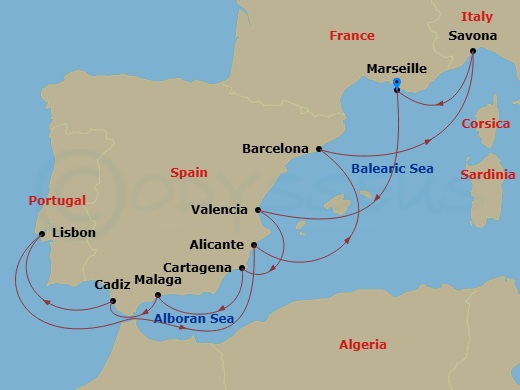 Costa Favolosa - 11 Night - Western Mediterranean from Marseille - Costa Favolosa - Starting in Marseille, France, Valencia, Spain, Cartagena ES, Spain, Malaga, Spain, Cadiz,.. itinerary map