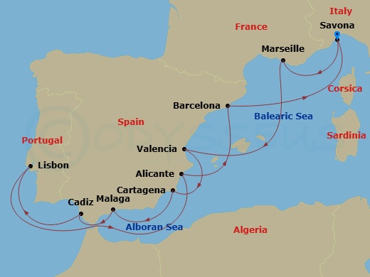 Costa Favolosa - 11 Night - Western Mediterranean from Savona - Costa Favolosa - Starting in Savona, Italy, Marseille, France, Valencia, Spain, Cartagena ES, Spain, Malaga, Sp.. itinerary map