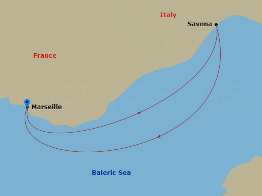 Costa Favolosa - 2 Night - Western Mediterranean from Marseille - Costa Favolosa - Starting in Marseille, France, Savona, Italy, Marseille, France itinerary map