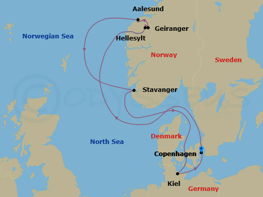 7 Night - North Europe from Copenhagen - Costa Diadema - Starting in Copenhagen, Denmark, Hellesylt, Norway, Geiranger fjord, Geiranger, Norway, Alesund, Norway, Stavanger, Norway, Kiel, Germany, Copenhagen, Denmark itinerary map