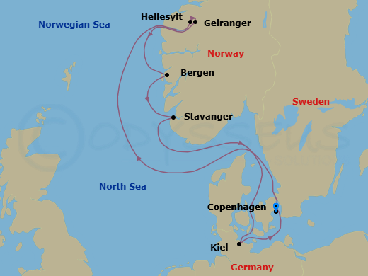 7 Night - North Europe from Copenhagen - Costa Diadema - Starting in Copenhagen, Denmark, Hellesylt, Norway, Geiranger fjord, Geiranger, Norway, Bergen, Norway, Norwegian sea, Stavanger, Norway, Kiel, Germany, Copenhagen, Denmark itinerary map
