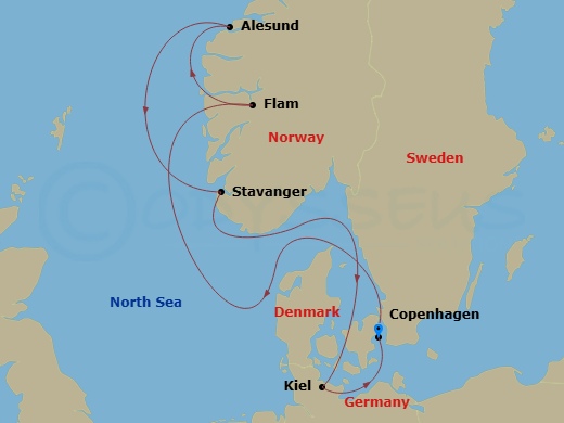 Costa Diadema - 7 Night - North Europe from Copenhagen - Costa Diadema - Starting in Copenhagen, Denmark, Flam, Norway, Alesund, Norway, Stavanger, Norway, Kiel, Germany, Cop.. itinerary map
