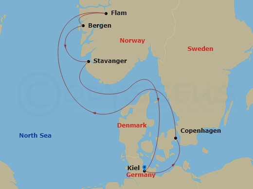 Costa Diadema - 7 Night - North Europe from Kiel - Costa Diadema - Starting in Kiel, Germany, Copenhagen, Denmark, Flam, Norway, Bergen, Norway, Stavanger, Norway, Kiel, Germ.. itinerary map