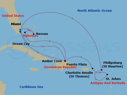 14 Night - Caribbean and Antilles - MSC Seashore - Starting in Miami, Florida, Puerto Plata, Dominican Republic, Ocean Cay Msc Marine Reserve, Bahamas, Nassau, Bahamas, Miami, Florida, Philipsburg, St Maarten, St Johns AG, Antigua, Charlotte Amalie (St Thomas) Virgin Islands, Amber Cove, Dominican Republic, Miami, Florida itinerary map